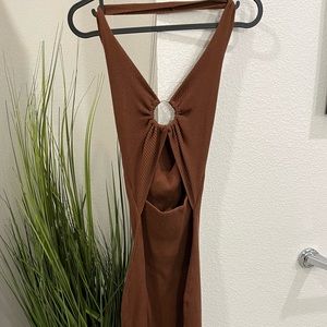 Brown Knitted Halter Midi Dress with Slit